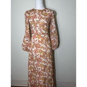 Hyacinth House Dark Orange White Floral Print Long Sleeve Maxi Dress Sz XXS